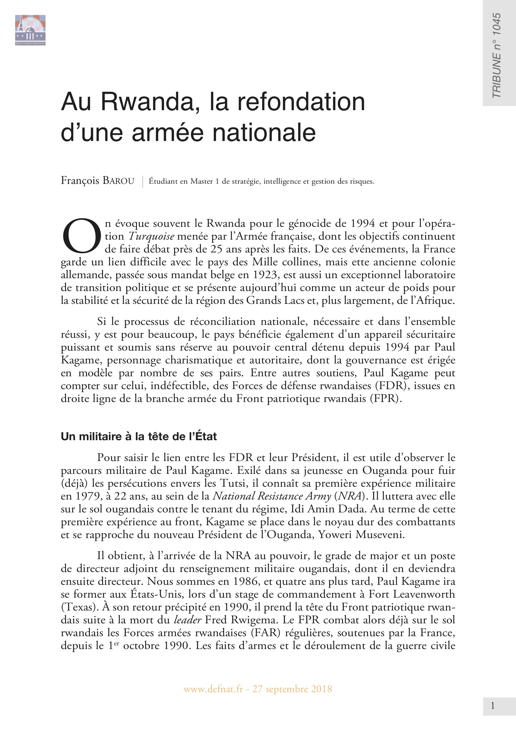 Au Rwanda, la refondation d’une armée nationale (T 1045)
